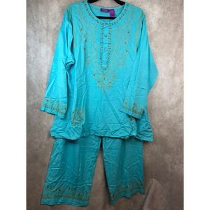 NWOT Suzanne Somers Collection Turquoise Embroidered Rayon Lounge Set Size L